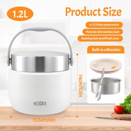 volumoon Thermal Container for Food 1.2 L, Stainless Steel Warming Container with Spoon and Lid, Leak-Proof Thermal Bowl with Carry Handle, Thermal Lunch Box for Office, School, Outdoor (White)