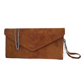 Women's Italian Genuine Suede Envelope Style Clutch Handbag Evening Bag With Wristlet & Chain Strap-BROWN