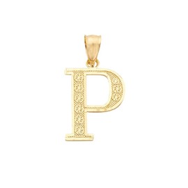 LoveBling 10K Yellow Gold Diamond Cut A to Z Alphabet Initial Letter Charm Necklace Pendant (Small) (P) (0.78")