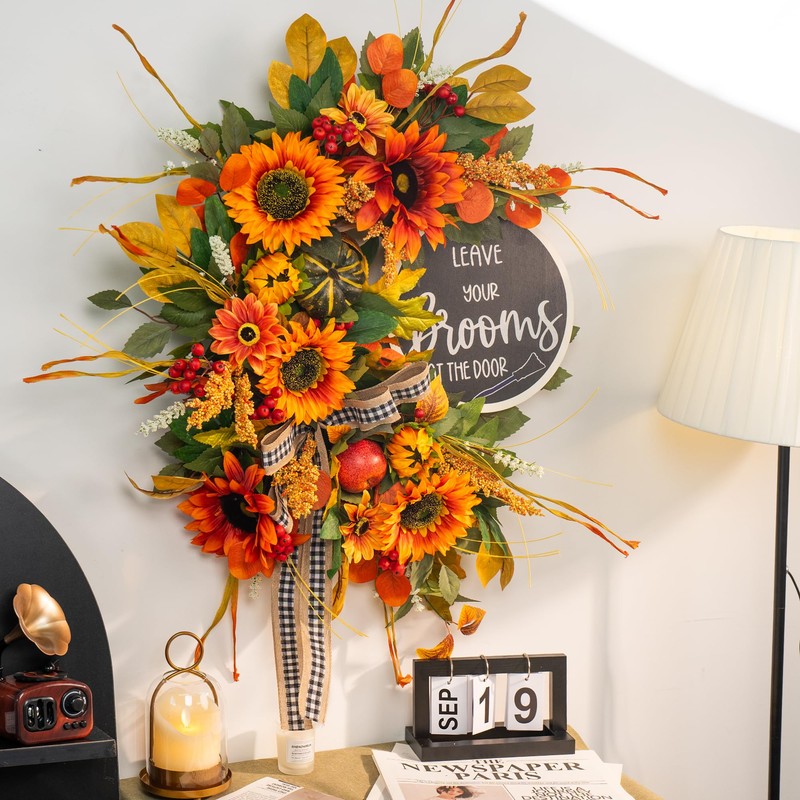 Fall Wreaths for Front Door 24 Inch Outside, Autumn Rustic