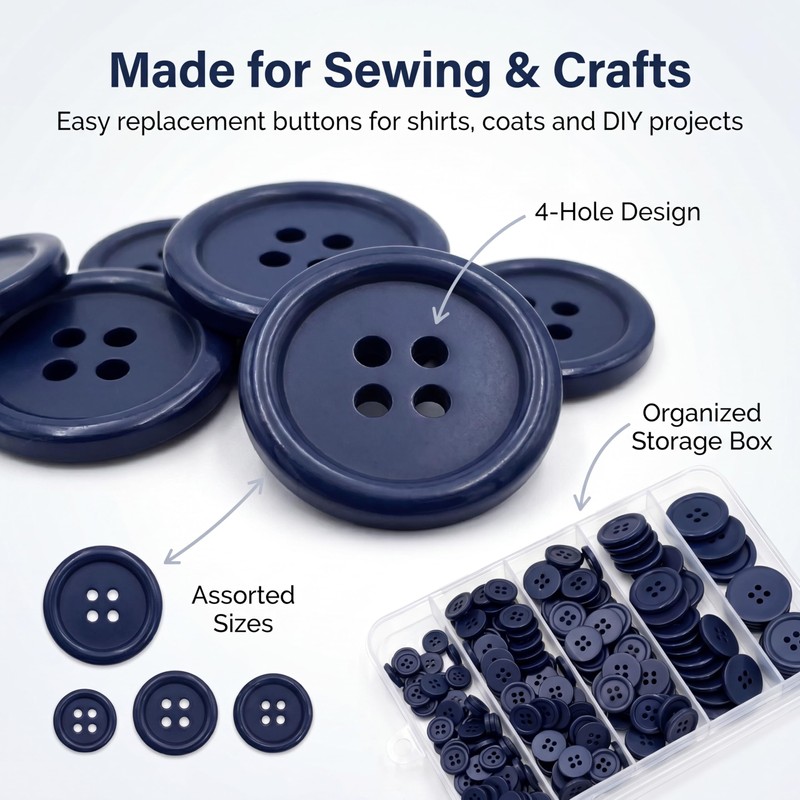 230 Pcs Resin Sewing Buttons, 4-Hole Round, 5 Assorted Sizes,