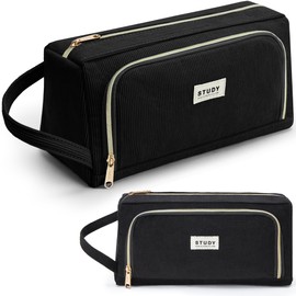 KALIDI Pencil Case 2 Compartments Extra Large Pencil Case School Aesthetic Pencil Case for Girls and Boys, Cord black, Cosmetic bag
