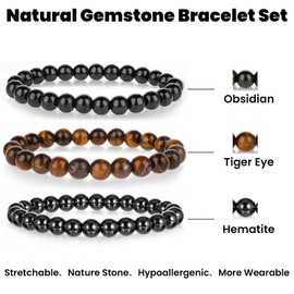 Mabor 3Pcs Beaded Bracelets for Men – 8mm Beads Stretch Elastic Spiritual Bracelets Jewelry Gift for Men Women Black Obsidian, Hematite, Tiger Eye Stone