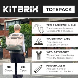 KitBrix TotePack Convertible Tote Bag & Backpack with Zip & Waterproof Base - 28L - Versatile Backpack Tote Bag for Work, Gym, & Travel - Laptop Pocket, Water Bottle Holder, & Luggage Sleeve