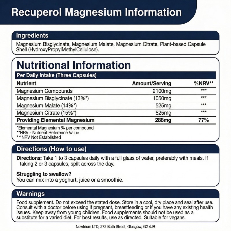 Magnesium Glycinate 3-in-1 by Recuperol - 2100mg as Bisglycinate, Citrate