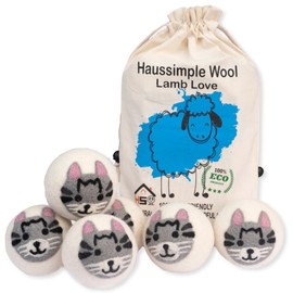 Wool Dryer Balls Organic Felt 6 Pack Laundry Fabric Softener, Extra Large Reusable Handmade Natural Sheep Wool Lint Wrinkle Free Anti Static Baby Safe (Cat)