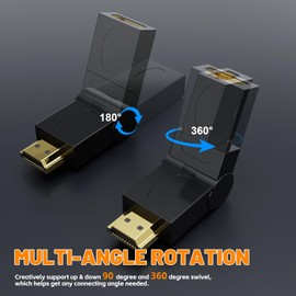 SNLLMZI HDMI 90 Degree Adapter, Right Angle HDMI 2.0 Male to Female Connector HDMI Swivel Adapter 90 180 270 360 Degree Angle Adjustable Rotatable Gold-Plated Support 3D & 4K- 2pack