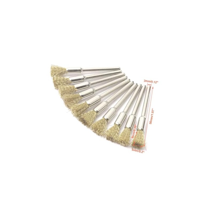Wire Brush Set, 10 Pack, 5mm Brass Bristles, 3mm Shank