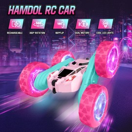 Hamdol Pink Remote Control Car for Girls, Double Sided with Shining Headlights & Wheel Lights, Girl Princess Toys, Rechargeable Toy Car for 6-7 6-8 9 10-12 Year Old Girls Birthday