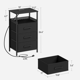 JARHETUN Night Stand Set 2 with Charging Station, 3 Drawer Nightstands with LED Lights, End Table with Outlets and USB Ports, Side Table with Open Shelf, Bedside Tables for Bedroom, Black