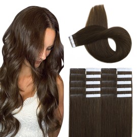 XDhair Haarverlängerung, selbstklebend, 20 Stück/50 g, Echthaar, 18 Ponce, Klebeband, Haarverlängerung, #4, mittelbraun (#4-18)