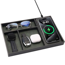 Valet Tray, Built in Wireless Charging Pad, Nightstand Organizer, Two-Toned Premium Vegan Leather Desk Bedside Caddy Organizer Tray for Keys, Watch, Wallet, Jewelry (Black+Green)