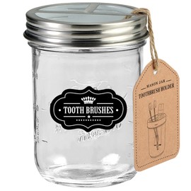 Komashr Mason Jar Toothbrush Holder - Brushed Nickel - with 16 Ounce Ball Mason Jar,Premium Rustproof 304 Stainless Steel Lid and Chalkboard Labels - Rustic Farmhouse Decor Black Bathroom Accessories