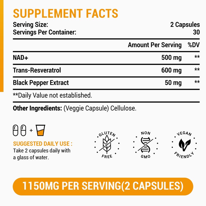 1100mg NAD and Trans-Resveratrol Capsules with 50mg Black Pepper Extract