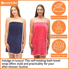 Easylife 100% Cotton Shower Towel Wrap (W75 x L150cm / Navy). Bath Wrap Towels for Women & Men, Towel Wraps for Women & Men with Touch Fastening, Soft Shower Wraps for Women & Men - Fully Guaranteed