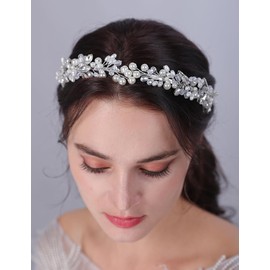 Teyglen Bridal Faux Pearls Rhinestone Headband Wedding Crystal Hairband Tiara Silver Pearl Hair Hoop Band Headpiece for Women Bride Girl Wedding Party Hair Accessory