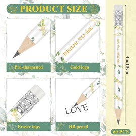 Teling 60 Pcs Bridal Shower Golf Pencils Bulk 4 Inch Greenery Wedding Pencils Pre Sharpened Golf Tool with Eraser Mini Short Bridal Tool for Wedding Shower Favors Party Game Presents