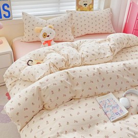 Michorinee Single Duvet Cover Set Pink Rose Stripe Flower Pattern Floral Bedding Set with Zipper Closure Beige Soft Washed Microfibre Aesthetic Cute Girls Quilt Cover with 1 Pillowcase 50x75 cm