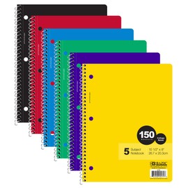 BAZIC Products Notebook College Ruled 5 Subject Spiral 150 Sheets Spiral Notebooks, Journal Comp Lined Composition Book, Assorted Color, 6-Pack