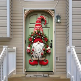 BlissYard - Cubierta de puerta de Navidad para decoración de puerta de gnomo de feliz Navidad, telón de fondo con tapa de puerta de sombrero rojo, fondo de fotografía, decoración de Año Nuevo, 71 x 35