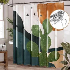 AmazerBath Boho Shower Curtain, 72x72 Washable Cloth Sage Cactus Shower Curtains for Bathroom, Fabric Rustic Neutral Shower Curtain Set with Hooks, Abstratic Modern Camper RV Dorm Stall Shower Curtain