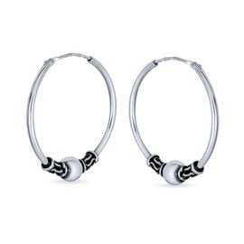 Bali Style Tribal Ball Bead Continuous Endless Round Hoop Earrings For Women Oxidized .925 Sterling Silver 1 Inch Diameter