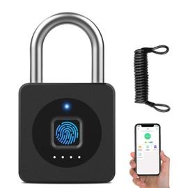 Padlock Fingerprint, Dhiedas Bluetooth Lock with Fingerprint and App, 43 mm Padlock Small with 6 mm Thick Shackle for Gym, Locker, School - Black, with Cable