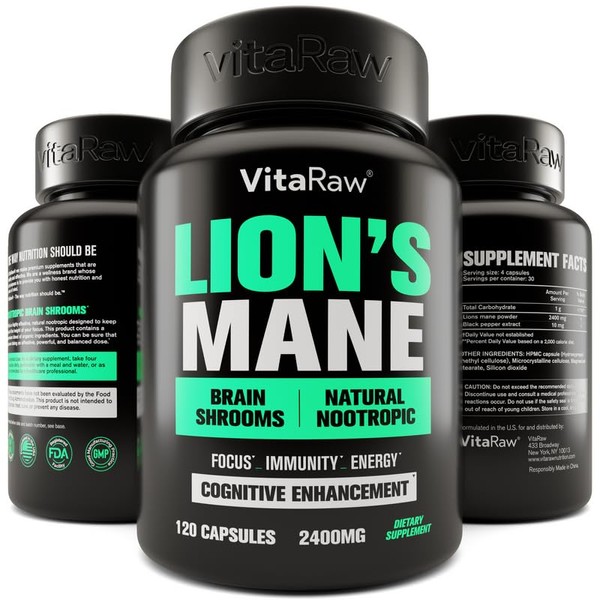 Organic Lions Mane Supplement Capsules 2400 mg - Powerful Nootropic - Helps Maintain Memory, Energy, and Mental Clarity - Vegan Brain Booster Focus Pills - Real Lion's Mane Supplement - Melena de Leon