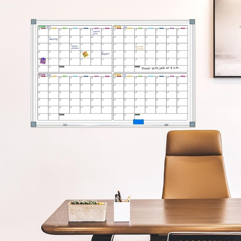 Calendar Whiteboard for Wall 36" x 24", 4 Month Magnetic