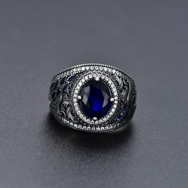 PYTALI Round Sapphire Gemstone Ring for Men Sterling Silver Oxidized Men's Ring Vintage Retro Jewelry(11)