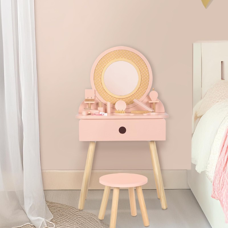 OOOK Kids Vanity Table and Chair Set, Pink Girls Vanity