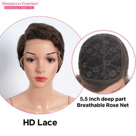 Rebecca Fashion Short Pixie Cut Lace Front Wigs Human Hair Side Part Wig 13x5.5x0.5 Glueless HD Lace Wig Short Pixie Wigs for Black Women Pre Plucked with Baby Hair, Chocolate Brown Color