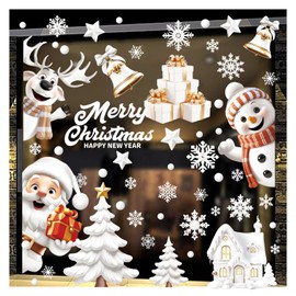 Christmas Window Decoration with 3D Santa, Reindeer, Bells Snowflakes Houses, Large Window Sticker Christmas Decoration, Window Sticker for Winter Window Christmas Decoration