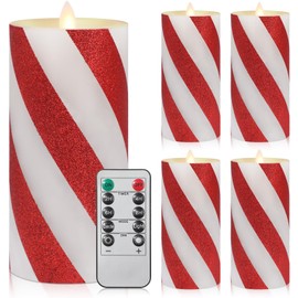 Retisee 4 Pcs Christmas Flickering Flameless 3 x 6 '' Candy Cane Flame LED Candles Real Wax with Remote Timer Battery Operated Fake Candle Wide Glitter Stripe Pillars for Party Decoration, Red
