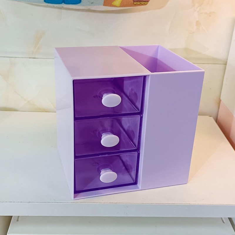 AIMALL 3-Drawer Pen Organizer, Multi-Purpose Purple Storage Box, Plastic Cosmetic