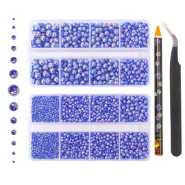 6540PCS Deep Blue AB Resin Flat Back Pearls Rhinestones,Mixed Size 2/3/4/5/6/8/10mm Half Round Pearl Beads Nail Gems Rhinestone with Tweezers and Picker Pencil for Crafts Nail DIY Decoration