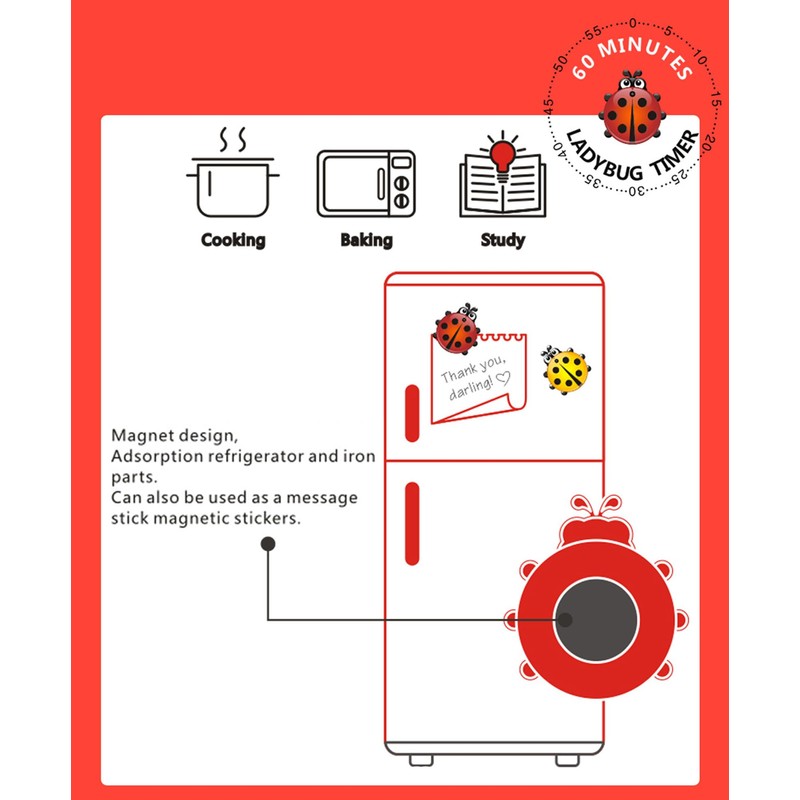 Ranvi Ladybug Magnet Refrigerator Sticker Timer Kitchen Alarm Clock Countdown