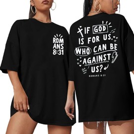 Christian T Shirts for Women: Oversized If God is for Us Shirt Religious Faith Top Bible Verse Inspirational Tee Black