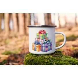 MAXIKIWI Langlebige Emaille-Kaffee- oder Tee-Camping-Tasse für drinnen und draußen, Motiv: Geburtstagskind-Aquarell, 350 ml