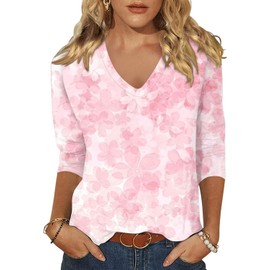 Scgirl Womens 3/4 Sleeve V Neck T-Shirts Floral Printed Cute Tunic Tops Casual Basic Top Pullover (XL,Floral Pink)