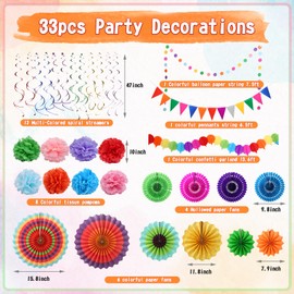 Naler Party Decoration Paper Pompoms, Pack of 33 Multicoloured Paper Fans Pompoms Rainbow Decoration for Fiesta Party Decorations Birthday Decoration Mexican Party