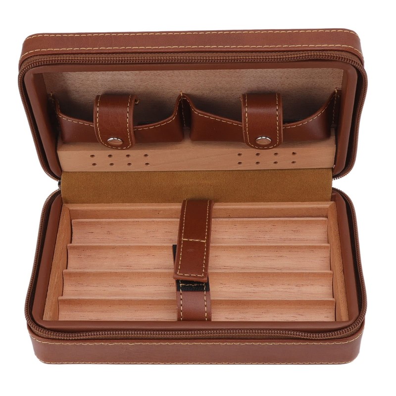 Cigar Travel Humidor, Cedar Wood Leather Cigar Case with Cigar