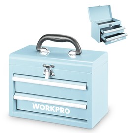 WORKPRO Portable Mini Tool Box, 2 Drawers Metal Tool Chest with Ball Bearing Slides, Top Storage and Lockable Latches, Ergonomic Carrying Handle, Mechanic Toolbox with PVC Liners and PP Feet Pads