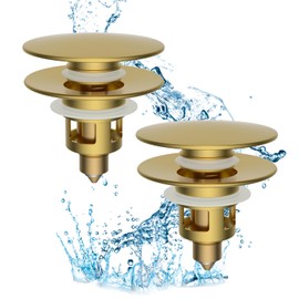Hibbent 2 Pack All Metal Bathroom Sink Stopper, Universal Pop Up Drain Strainer, Brass Bullet Core Push Type Sink Stopper for 1.1''~2.3'' Basin, Big Push Button, Anti Clogging Filter, Brushed Gold