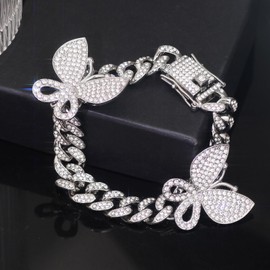 Bling Cuban Link Girl Dog Collars,Cool Fancy Diamond Rhinestone Cat Dog Chain Necklace Butterfly Collar