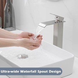 BWE Brushed Nickel Vessel Sink Faucet Waterfall with Pop Up Drain Assembly and Supply Hose Lavatory Bathroom Faucet Single Handle Mixer Tap Deck Mounted