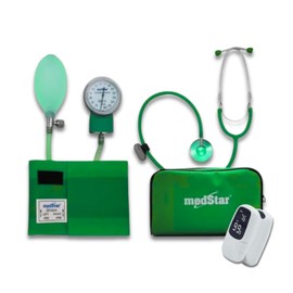 MEDSTAR | Baumanómetro con Estetoscopio Simple Verde + Oximetro Blanco de Pulso Ligero para Dedo, Adulto e Infantil, Incluye Estuche y Cordón