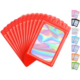 Funfery 100 Pcs Resealable Bags Clear Holographic Bags,Smell Proof Packaging Baggies,Mylar Food Storage Bag,Zipper Sealing Bag for Coffee Beans,Cookies,Jewelry Sample Small Business(Red,6.3x9.4in)