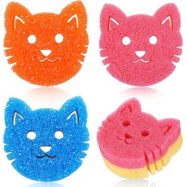 Qianyu 4 Pcs Cat Dual Sided Scrub Cleaning Sponges Cute Temperature Sensitive Non Scratch Dish Scrubber for Dishes Bulk Sponges Household Clean Pads Multi-Functional Cleaning Sponge