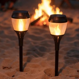 Solar Path Lights Outdoor Waterproof - Realistic Flickering LED Flame, IP65 Pathway Lights Solar Powered Warm Light for Garden and Walkways, Plastic Ground Stake Included for Easy Setup (2 Pack)